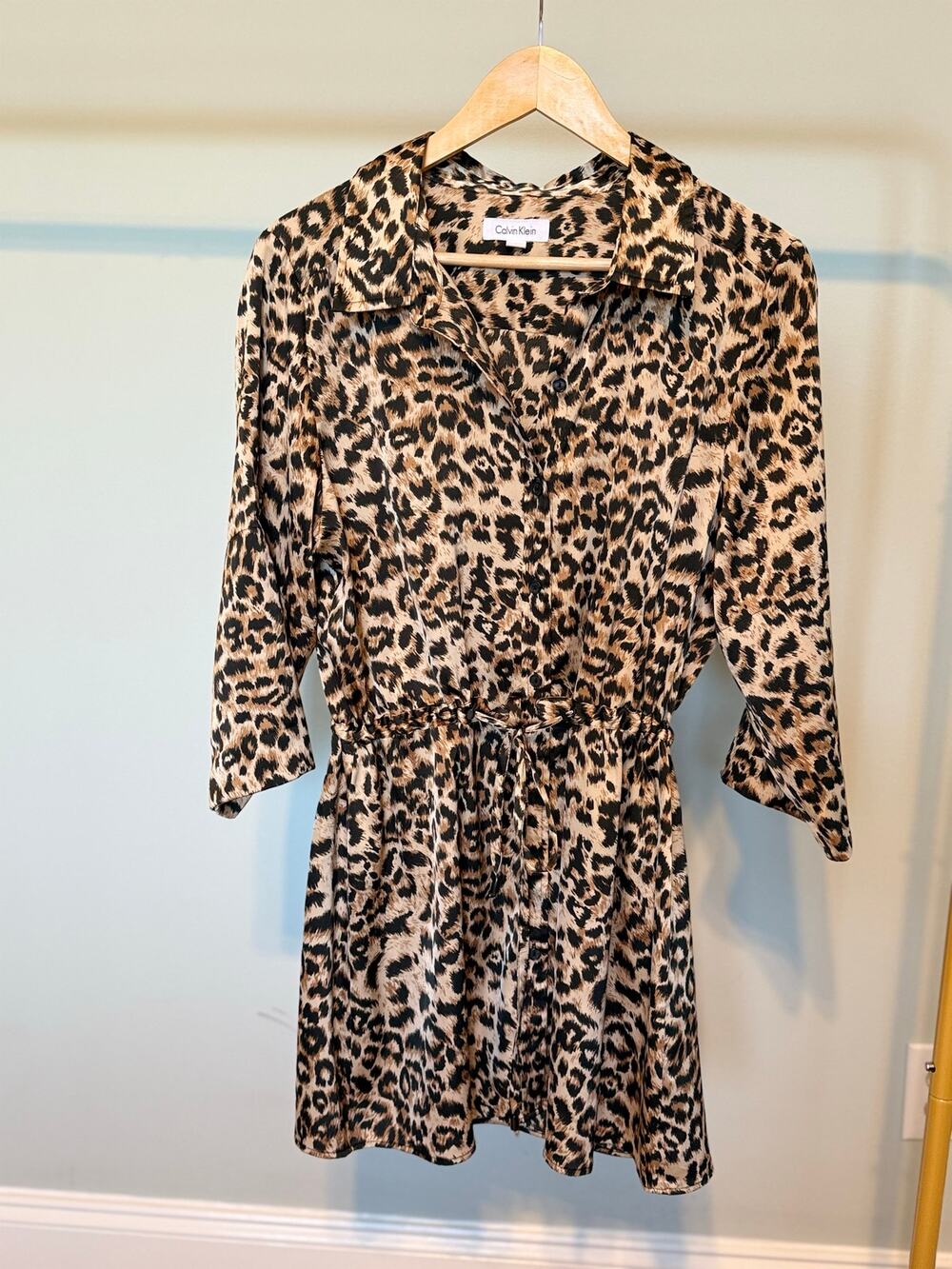 Calvin Klein Leopard Print Shirt Dress Large Tie Waist NWTY